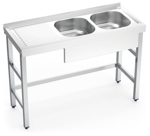 Fregadero inox con soporte sin entrepaño serie 500 2 cubetas 1 escurridor izquierda faldón parcial Fricosmos 1200x500 mm