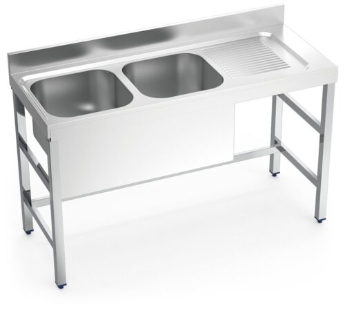 Fregadero inox con soporte sin entrepaño serie 550 2 cubetas 1 escurridor derecha faldón parcial Fricosmos 1400x550 mm