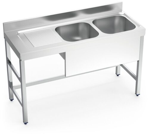 Fregadero inox con soporte sin entrepaño serie 550 2 cubetas 1 escurridor izquierda faldón parcial Fricosmos 1400x550 mm