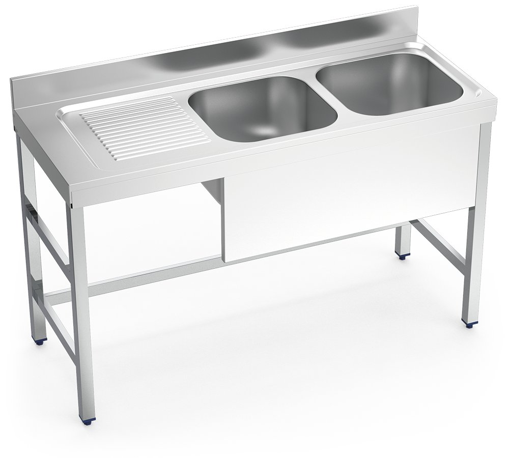 Fregadero inox con soporte sin entrepaño serie 550 2 cubetas 1 escurridor izquierda faldón parcial Fricosmos 1400x550 mm
