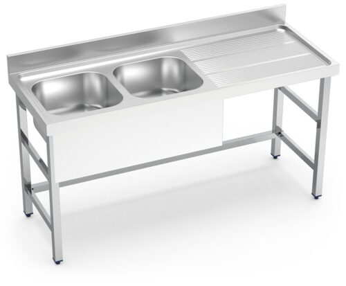 Fregadero inox con soporte sin entrepaño serie 600 2 cubetas 1 escurridor derecha faldón parcial Fricosmos 1400x600 mm