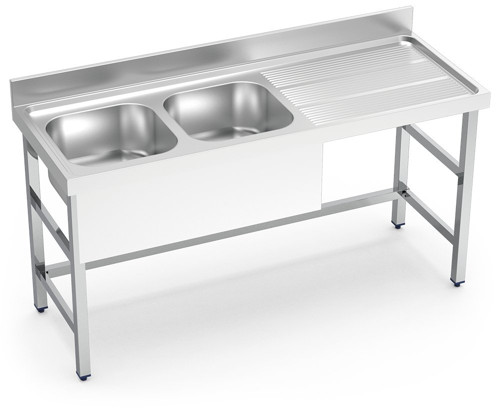 Fregadero inox con soporte sin entrepaño serie 600 2 cubetas 1 escurridor derecha faldón parcial Fricosmos 1400x600 mm