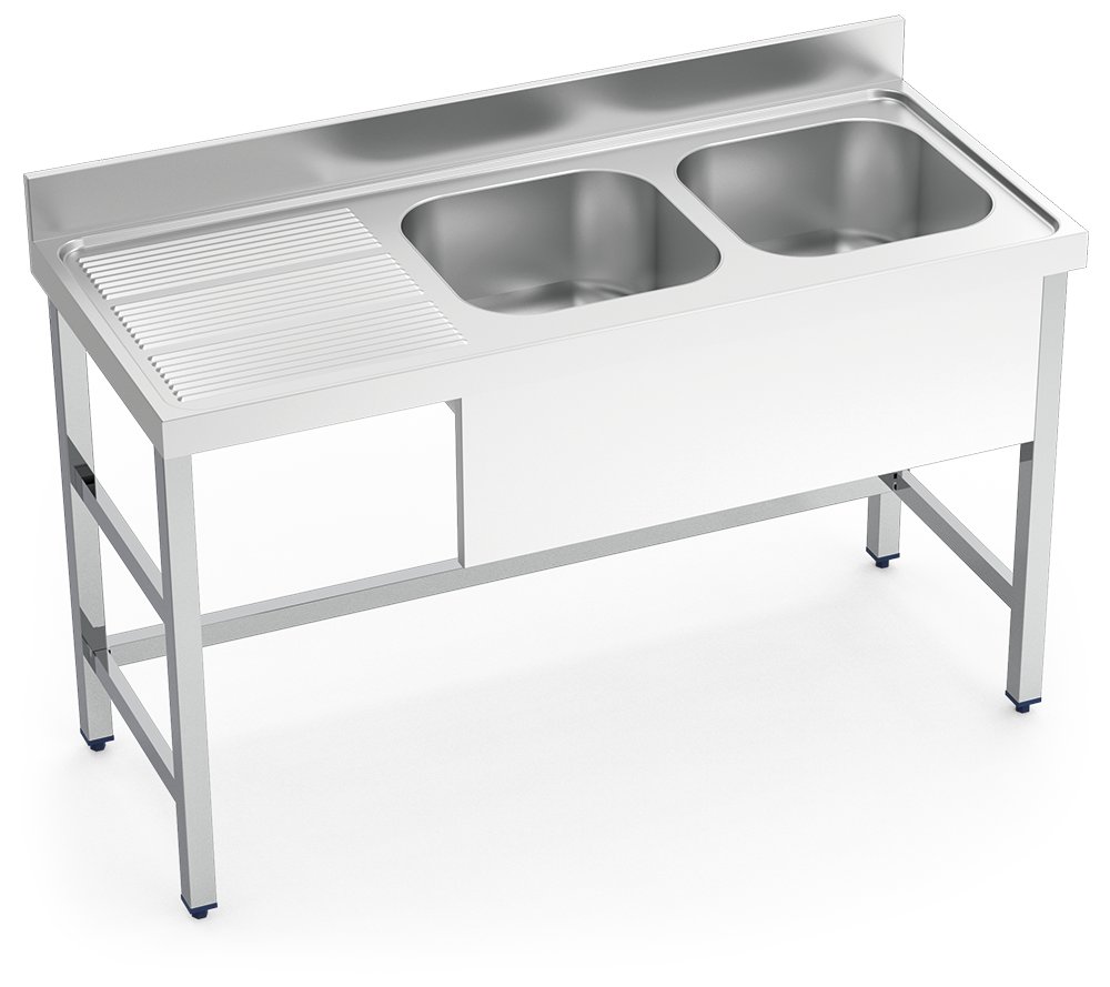 Fregadero inox con soporte sin entrepaño serie 600 2 cubetas 1 escurridor izquierda faldón parcial Fricosmos 1400x600 mm