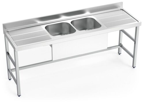 Fregadero inox con soporte sin entrepaño serie 600 2 cubetas 2 escurridores faldón parcial Fricosmos 2000x600 mm
