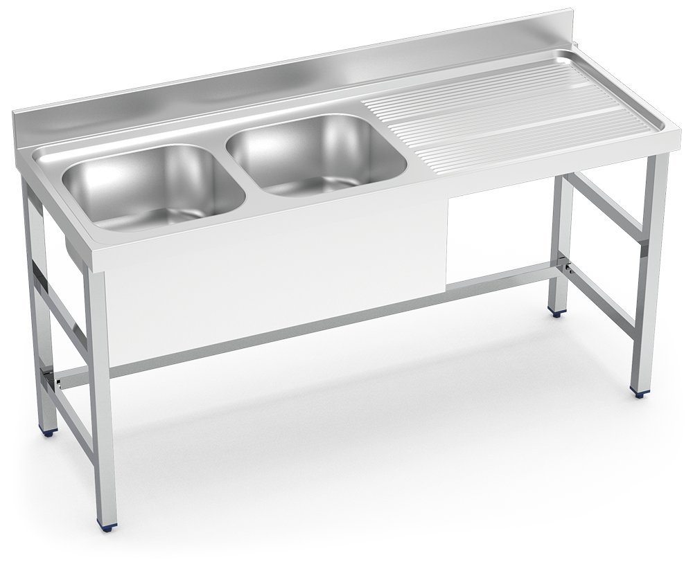 Fregadero inox con soporte sin entrepaño serie 700 2 cubetas 1 escurridor derecha faldon parcial Fricosmos 1400x700 mm