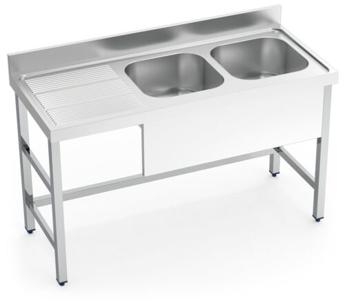 Fregadero inox con soporte sin entrepaño serie 700 2 cubetas 1 escurridor izquierda faldón parcial Fricosmos 1400x700 mm
