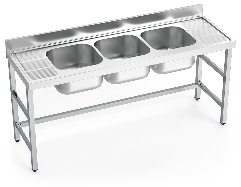 Fregadero inox con soporte sin entrepaño serie 700 3 cubetas 2 escurridores Fricosmos 1800x700 mm