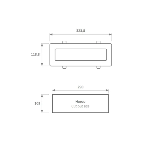 Dimension drawing of the LCE-323 luminaire and its cut-out