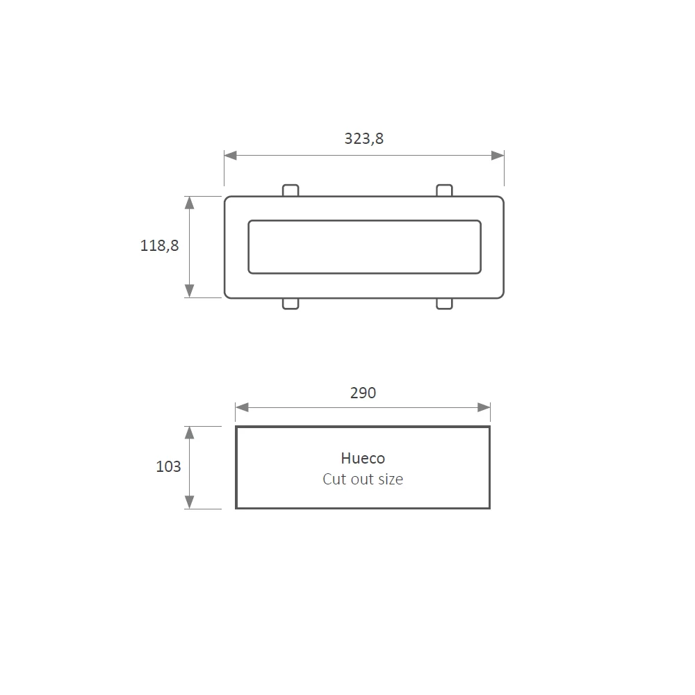 Dimension drawing of the LCE-323 luminaire and its cut-out
