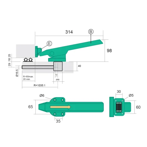 Dimension drawing · Green inside handle for G-72, G-76, G-761, I-006, 1925 and 1926 latches