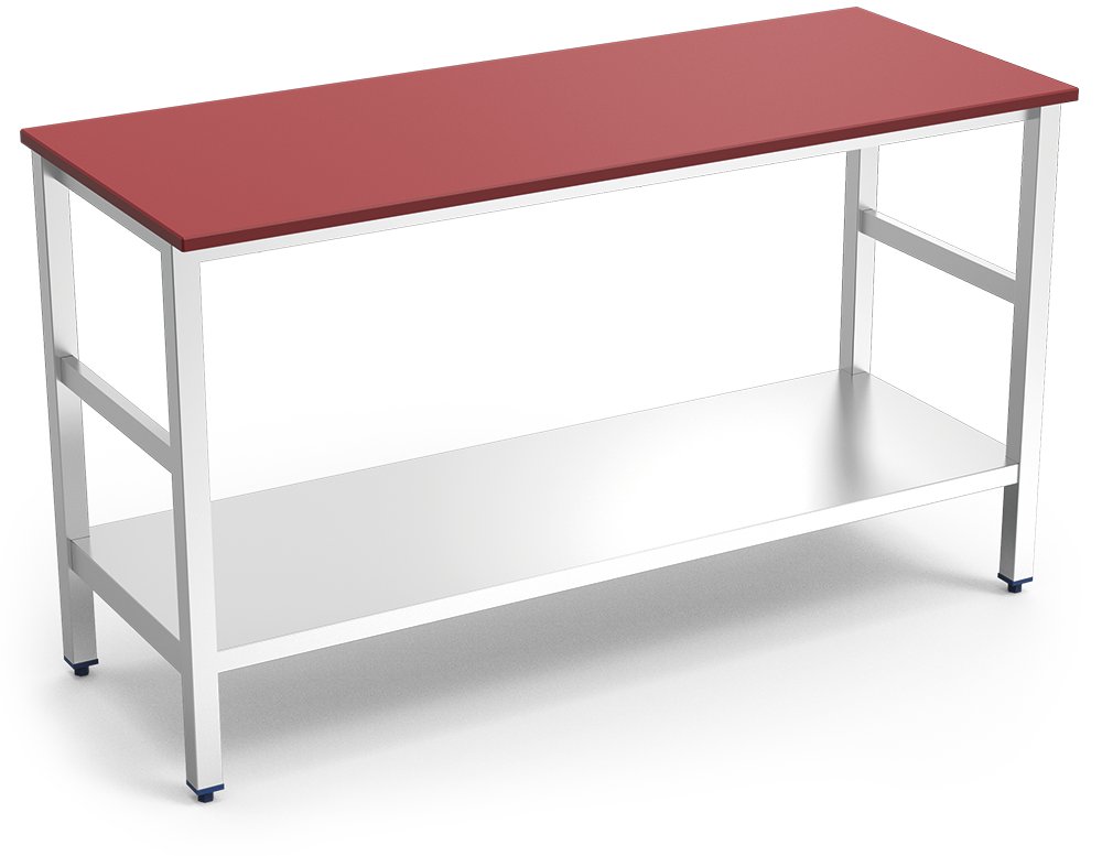 Mesa central con entrepaño y encimera de polietileno rojo Fricosmos 1000x500x870 mm