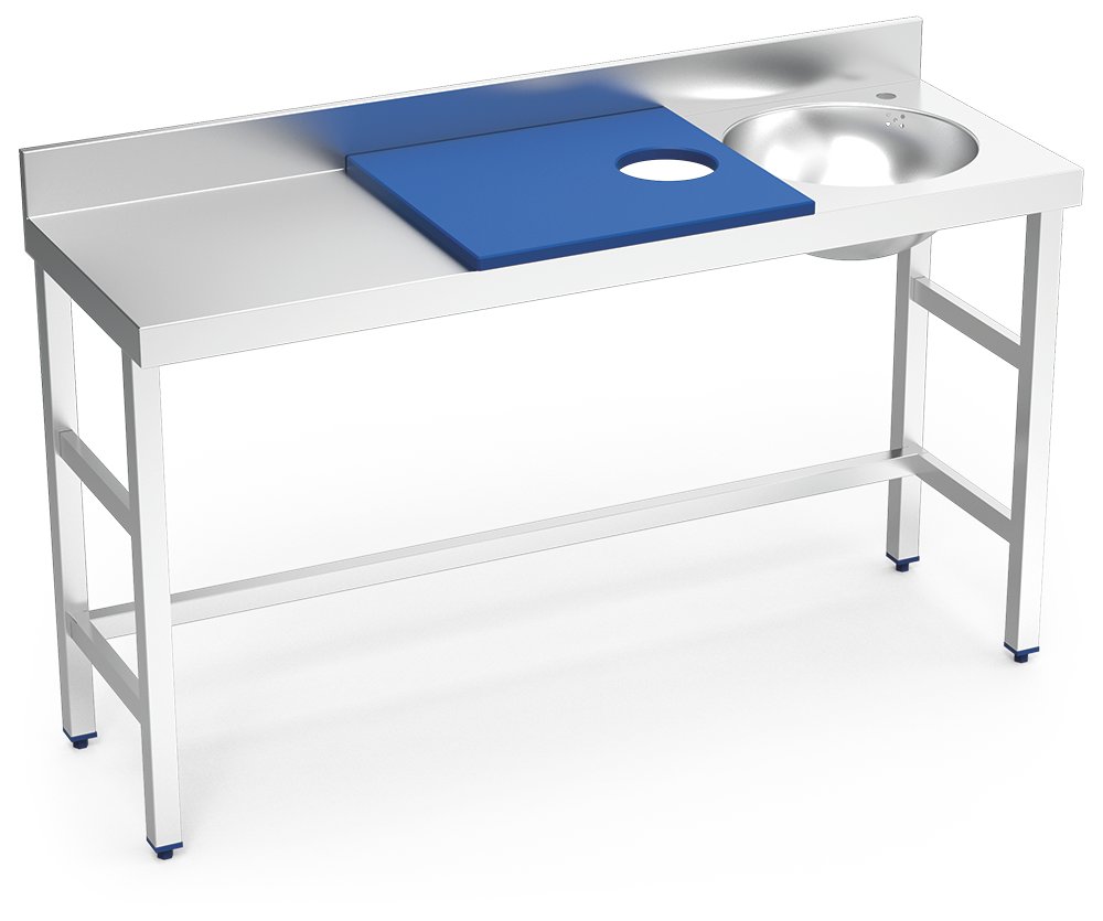Mesa de preparación y lavado inox 1500 mm azul 1 agujero cubeta derecha Fricosmos