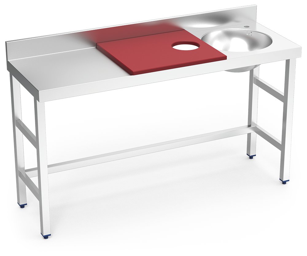 Mesa de preparación y lavado inox 1500 mm roja 1 agujero cubeta derecha Fricosmos