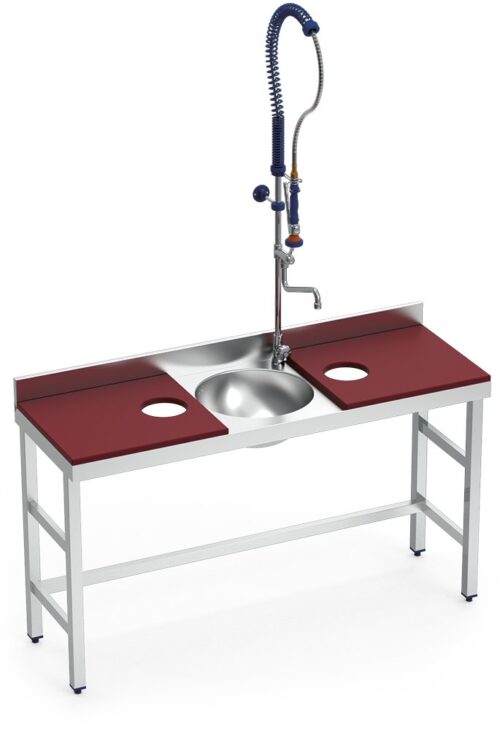 Mesa de preparación y lavado inox 1500 mm roja 2 agujeros Fricosmos
