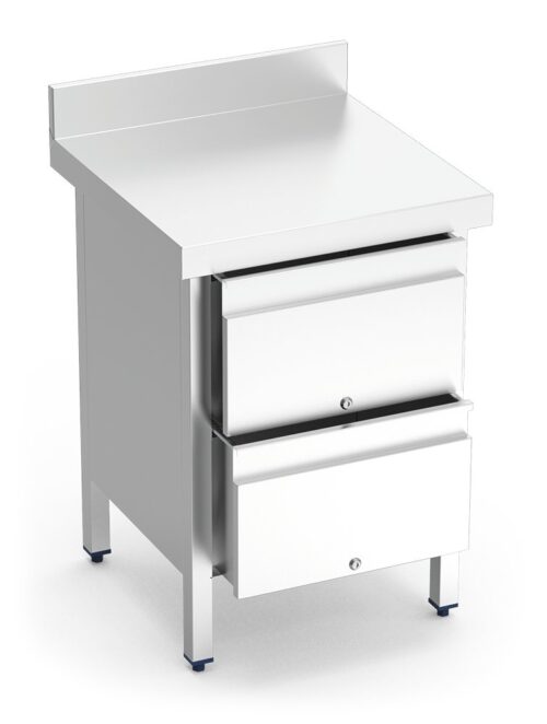 Mesa de trabajo de acero inoxidable con 2 cajones y peto posterior Fricosmos 600x500x850 mm
