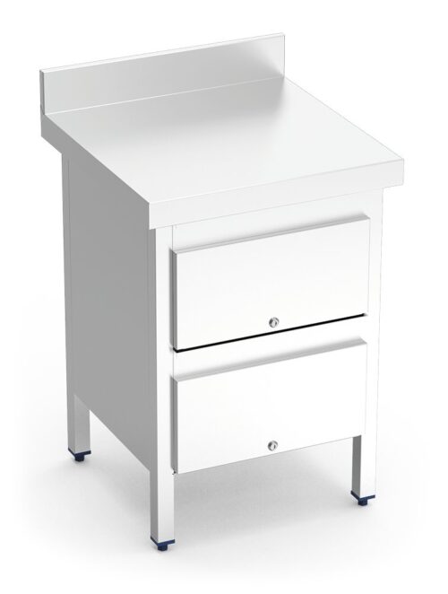 Mesa de trabajo de acero inoxidable con 2 cajones y peto posterior Fricosmos 600x500x850 mm