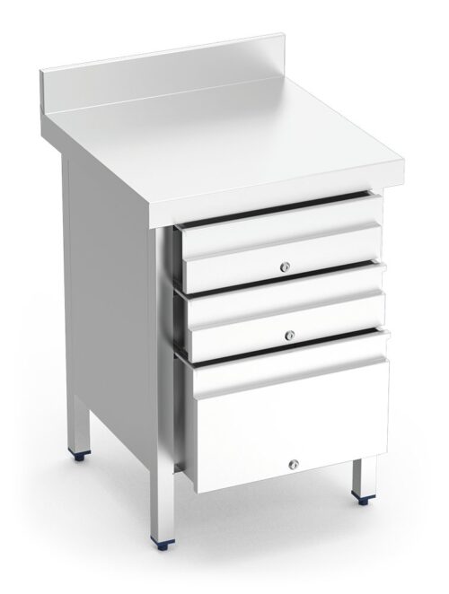 Mesa de trabajo de acero inoxidable con 3 cajones y peto posterior Fricosmos 600x600x850 mm