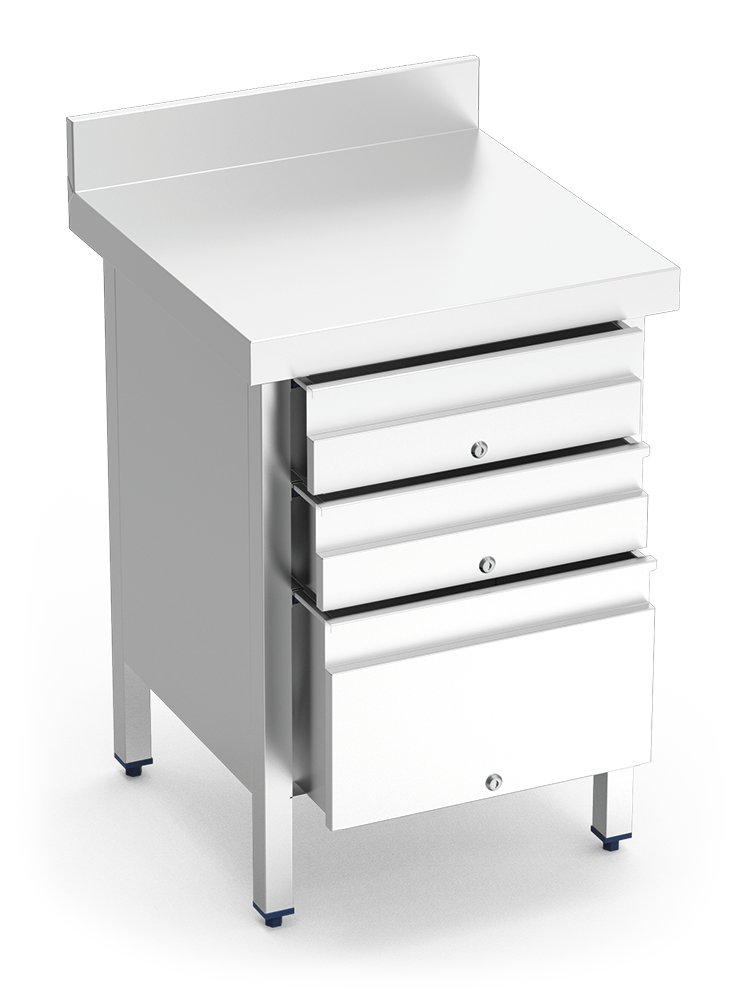 Mesa de trabajo de acero inoxidable con 3 cajones y peto posterior Fricosmos 600x600x850 mm
