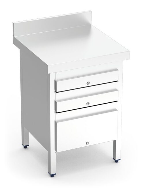Mesa de trabajo de acero inoxidable con 3 cajones y peto posterior Fricosmos 600x500x850 mm