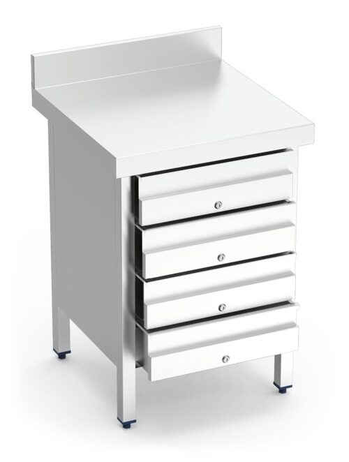 Mesa de trabajo de acero inoxidable con 4 cajones y peto posterior Fricosmos 600x700x850 mm