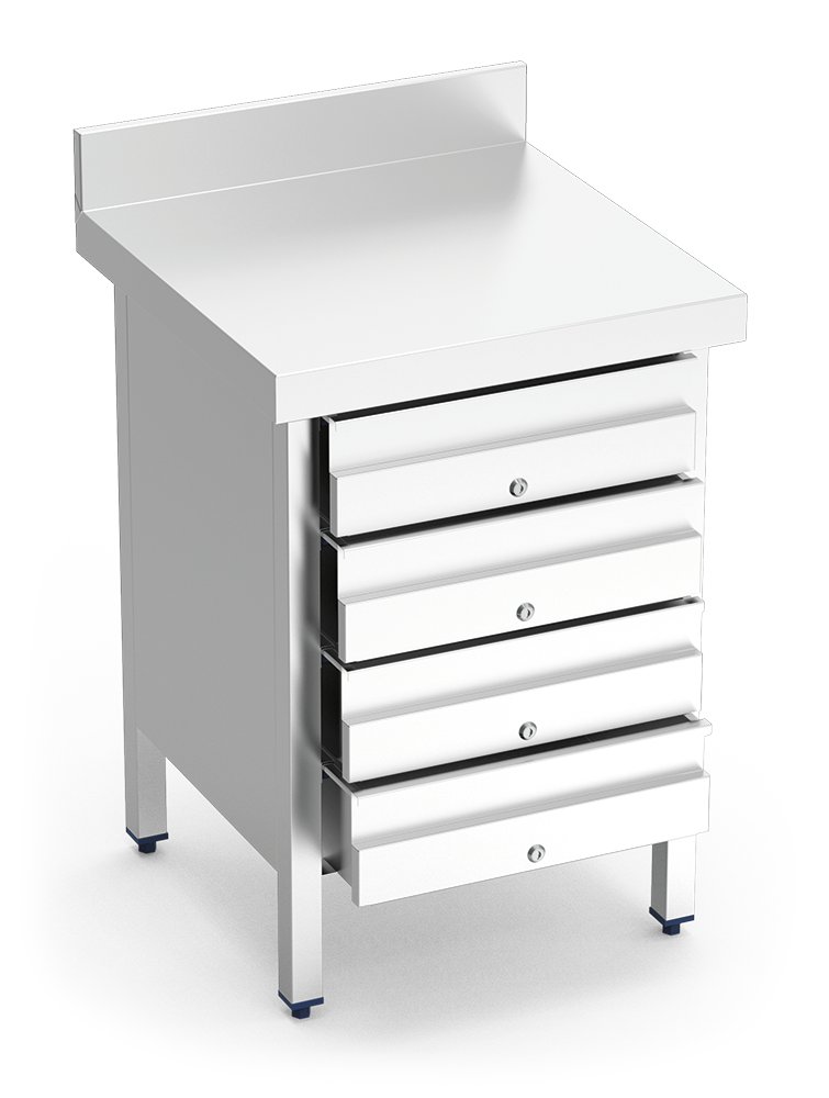 Mesa de trabajo de acero inoxidable con 4 cajones y peto posterior Fricosmos 600x700x850 mm
