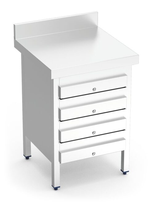 Mesa de trabajo de acero inoxidable con 4 cajones y peto posterior Fricosmos 600x500x850 mm