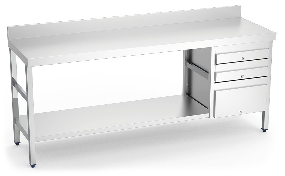 Mesa mural con 3 cajones derecha en acero inoxidable Fricosmos 1500x500x850 mm