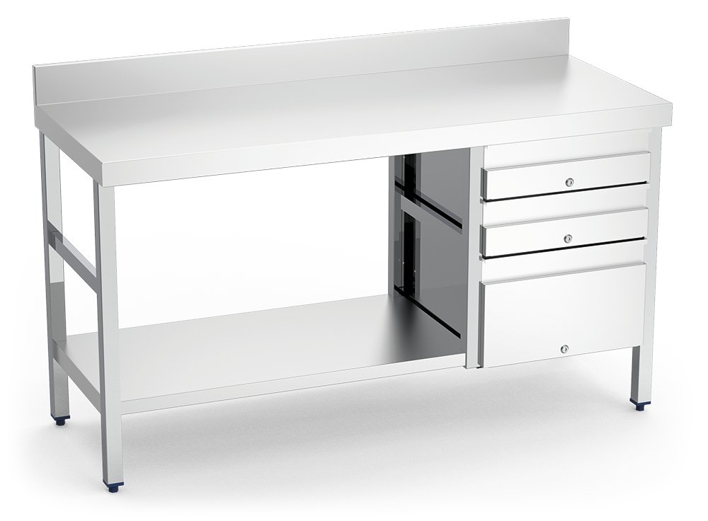 Mesa mural con 3 cajones derecha en acero inoxidable Fricosmos 1500x700x850 mm