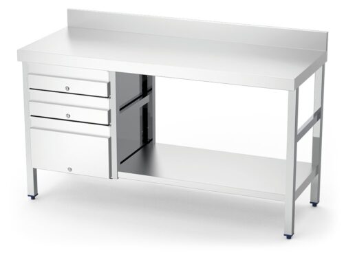 Mesa mural con 3 cajones izquierda en acero inoxidable Fricosmos 1500x600x850 mm