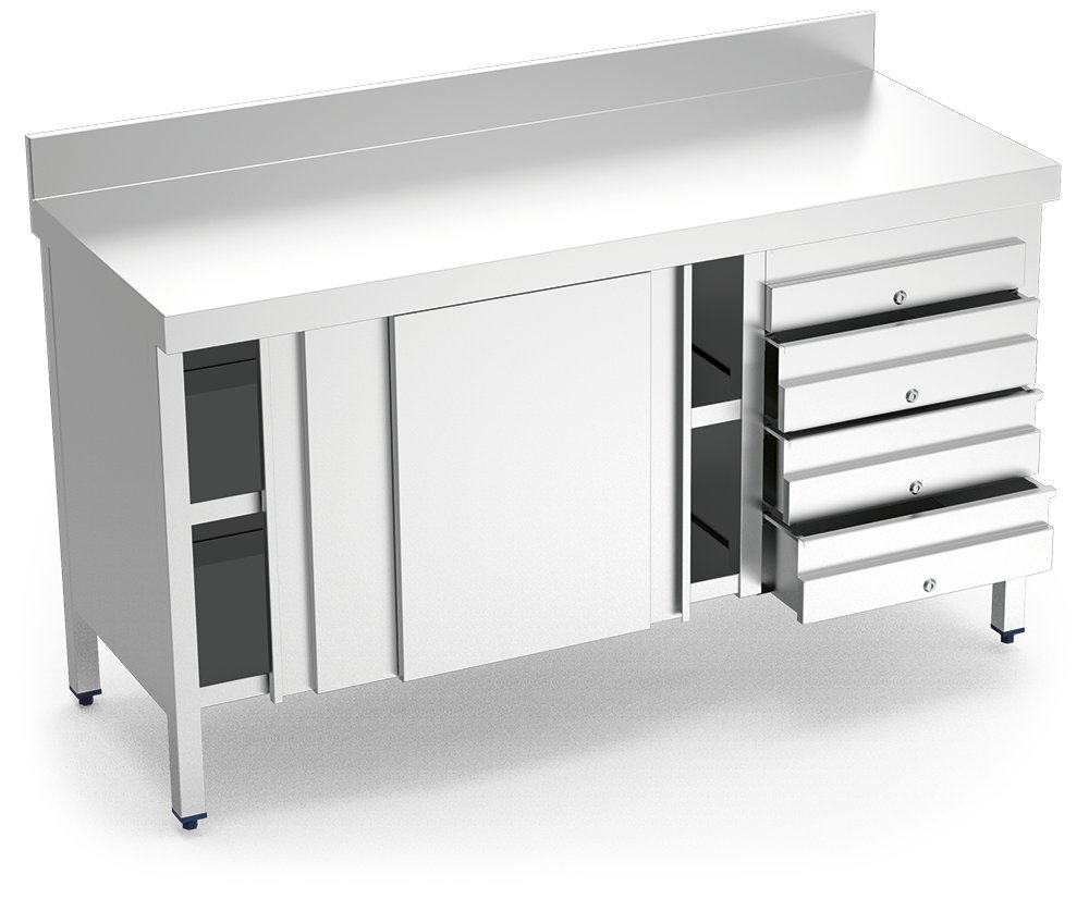 Mesa mural inox con puertas y cajones derecha Fricosmos 1500x700x850 mm