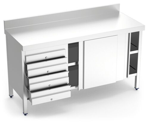 Mesa mural inox con puertas y cajones izquierda Fricosmos 1500x600x850 mm