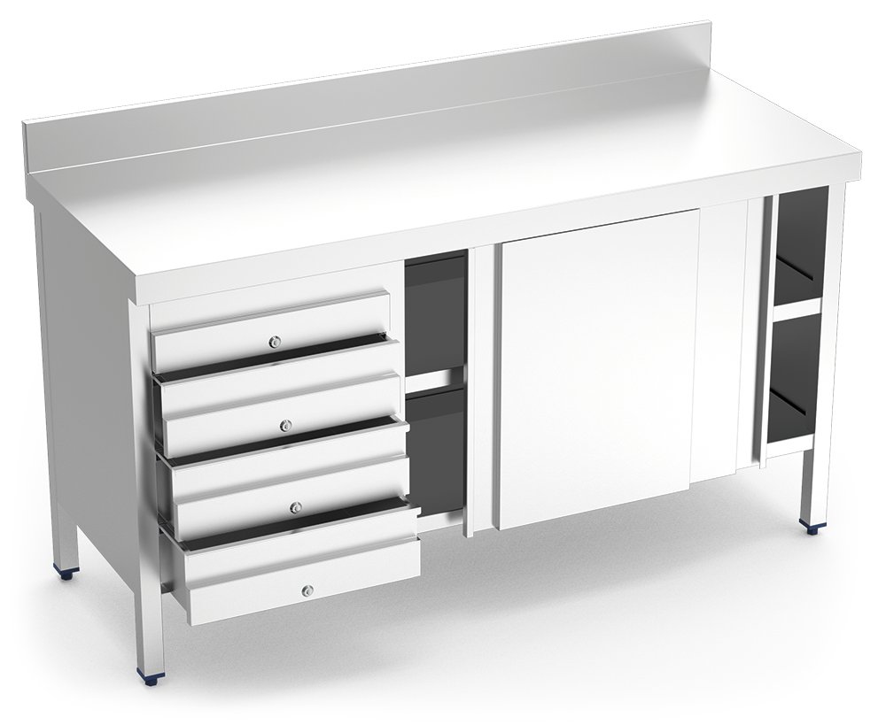 Mesa mural inox con puertas y cajones izquierda Fricosmos 1500x600x850 mm