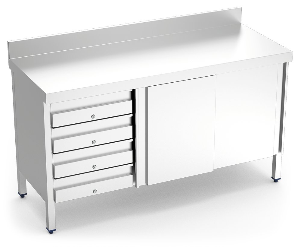 Mesa mural inox con puertas y cajones izquierda Fricosmos 1500x600x850 mm