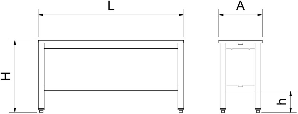 Dibujo técnico: Banco de vestuario en acero inoxidable y polietileno Fricosmos 1500x300x500 mm