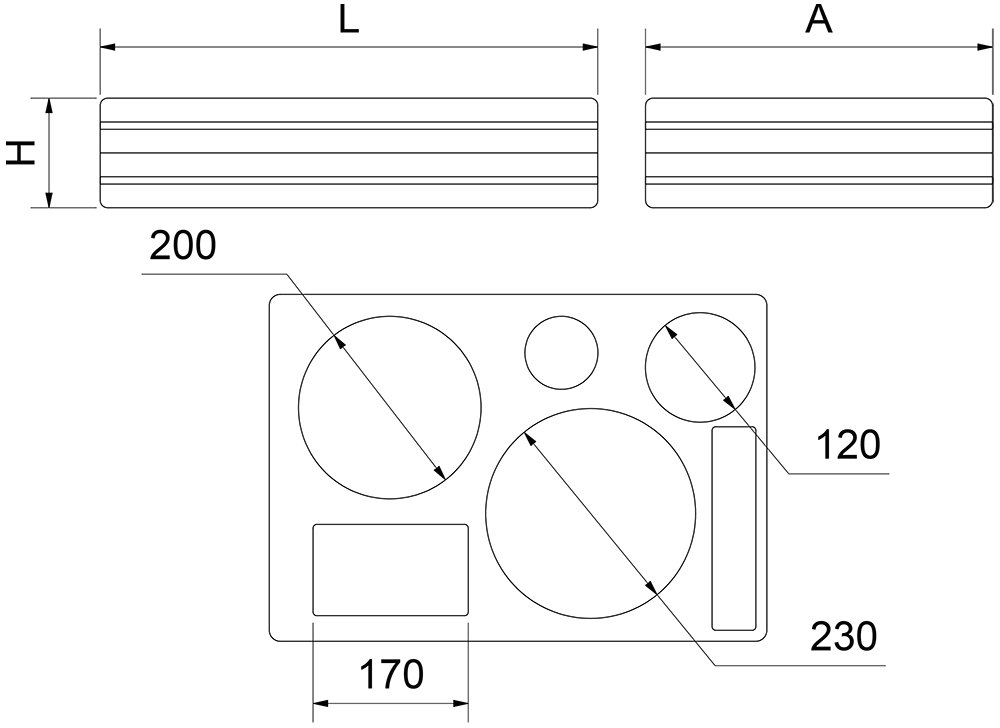 Dibujo técnico: Bandeja isotérmica polipropileno 1/1 para colectividades (base + tapa, 5 compartimentos) Fricosmos 545x370x120 mm
