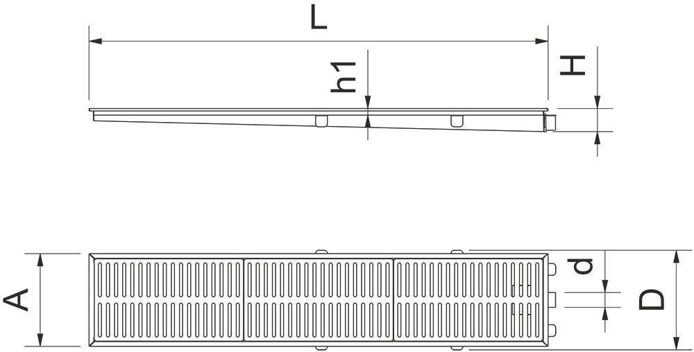 Dibujo técnico: Canal colector industrial para interiores en acero inoxidable Fricosmos 1484 mm