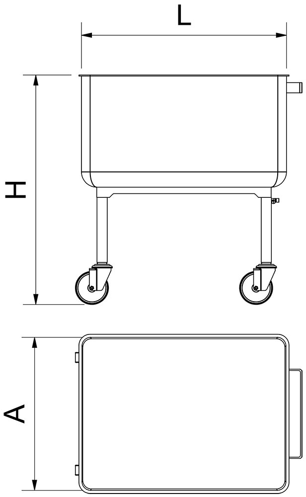 Dibujo técnico: Carro contenedor inox con fondo elevable y desagüe Fricosmos