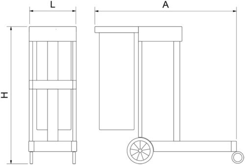 Dibujo técnico: Carro de limpieza multifunción con bolsa, plataforma y 3 bandejas Fricosmos