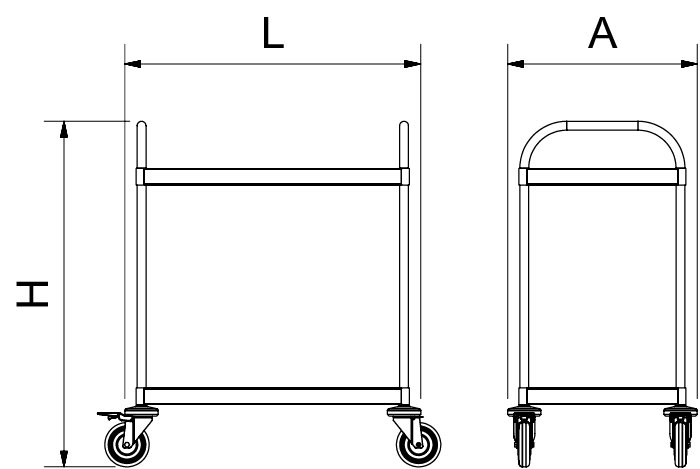 Dibujo técnico: Carro de servicio inox con 2 entrepaños Fricosmos 1235x535x975 mm