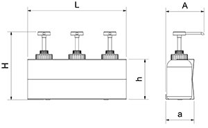 Dibujo técnico: Conjunto dispensador de 3 salsas con dosificadores y soporte Fricosmos