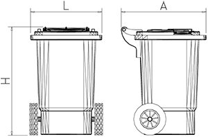 Dibujo técnico: Contenedor de desperdicios con tapa y ruedas gris 120 lts Fricosmos