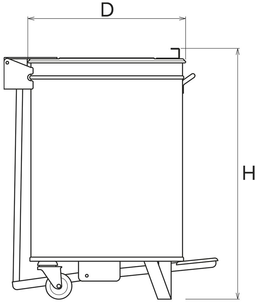 Dibujo técnico: Contenedor inox con tapa y ruedas desmontables a pedal Fricosmos