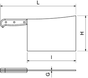 Dibujo técnico: Cuchilla de golpe con mango inox Fricosmos hoja 195 mm