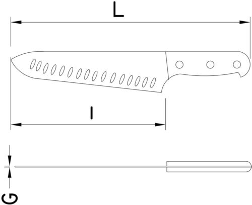 Dibujo técnico: Cuchillo de cocina alveolado Fricosmos hoja 250 mm