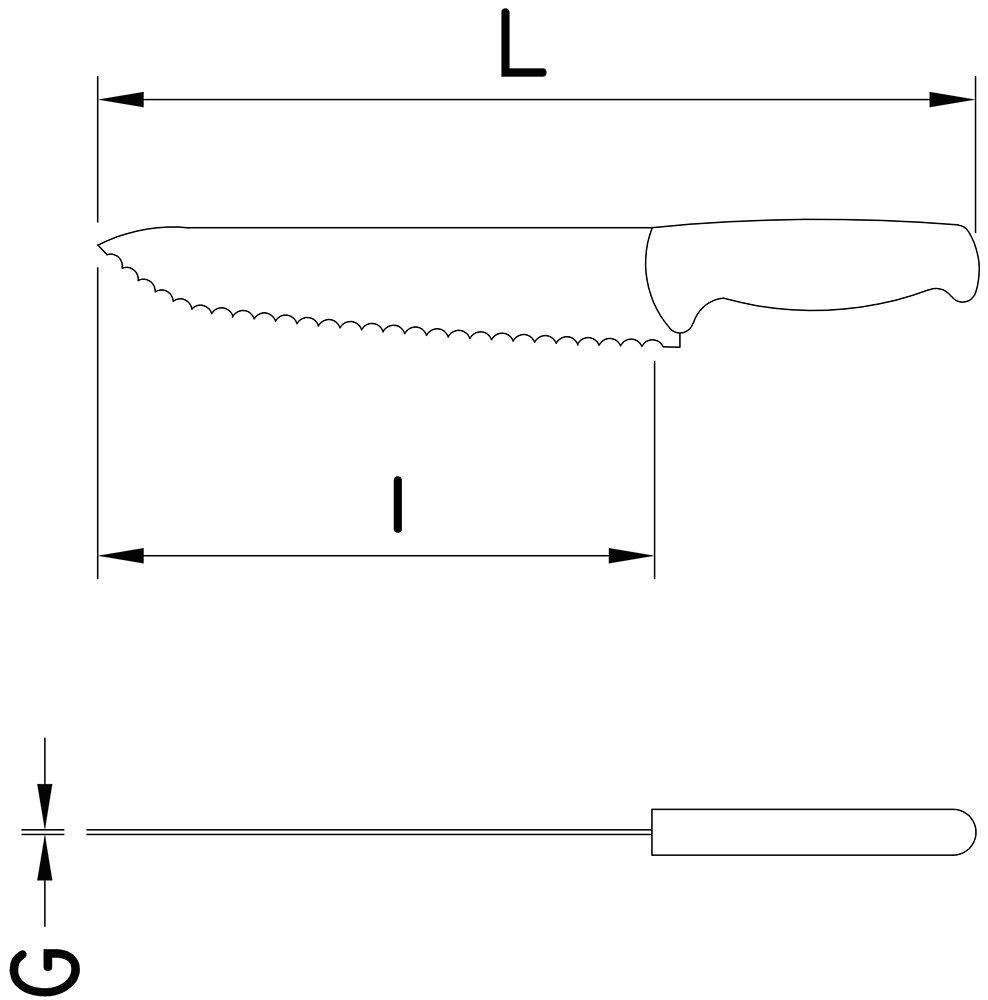 Dibujo técnico: Cuchillo de pescadero dentado mango inyectado Fricosmos hoja 280 mm