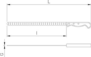 Dibujo técnico: Cuchillo jamonero serrano alveolado punta redonda Fricosmos hoja 290 mm