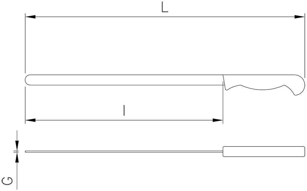 Dibujo técnico: Cuchillo jamonero serrano curvo Fricosmos hoja 300 mm