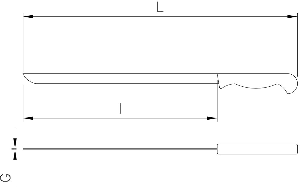 Dibujo técnico: Cuchillo jamonero serrano Fricosmos hoja 300 mm