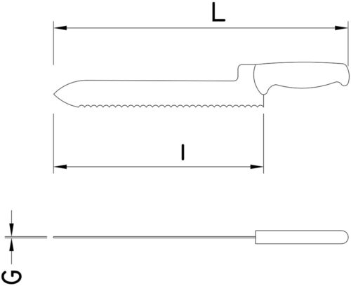 Dibujo técnico: Cuchillo panero de mango elevado y filo ondulado Fricosmos hoja 230 mm