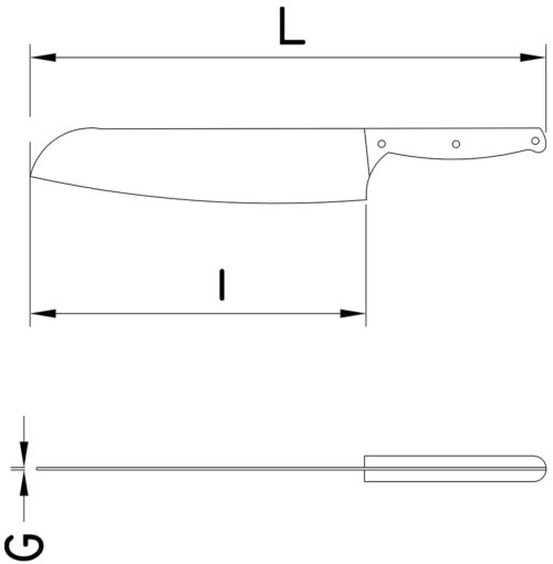 Dibujo técnico: Cuchillo santoku con recubrimiento de titanio negro y mango virola Fricosmos hoja 180 mm
